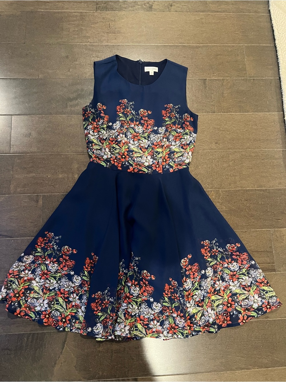 Maison Jules Navy Fit-and-Flare Mini Dress with Red & White Floral Print